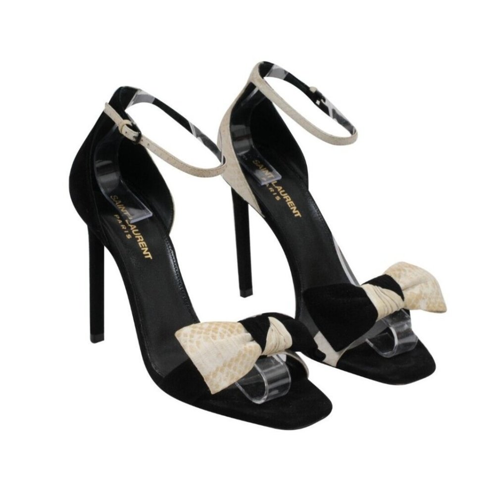 Saint Laurent Womens Amber Bow Tie Sandals US9 EU39 Black White Suede Open Heels
